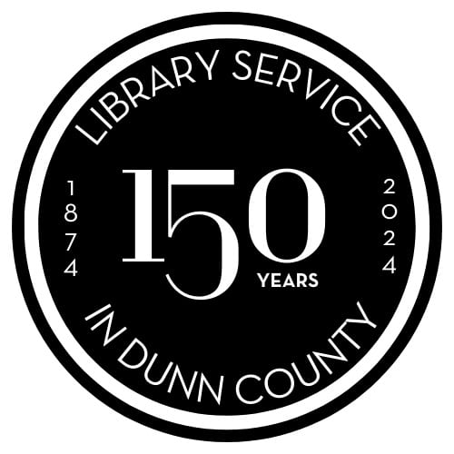 150 years of library service in dunn county logo