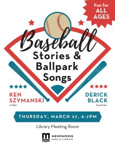 baseball stories and ballpark songs with baseball diamond, ball and bats in red white blue