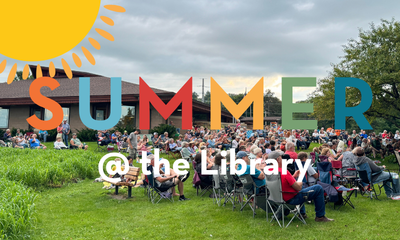 Crowd seated on a lawn with "SUMMER @ the Library" text overlay.