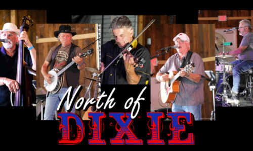 Five musicians performing with various instruments above the text "North of DIXIE."