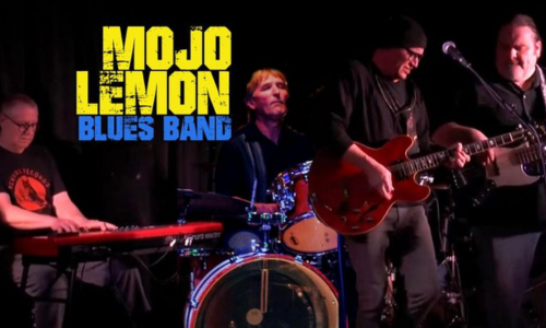 A blues band performs on stage with a keyboardist, drummer, guitarist, and bassist. Text reads "MOJO LEMON BLUES BAND."