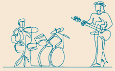 Line drawing of a drummer and a guitarist.