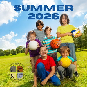 Children standing on a field holding sports balls under text "SUMMER 2026."