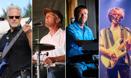 Collage of four musicians performing: bass player, drummer, keyboardist, and electric guitarist.