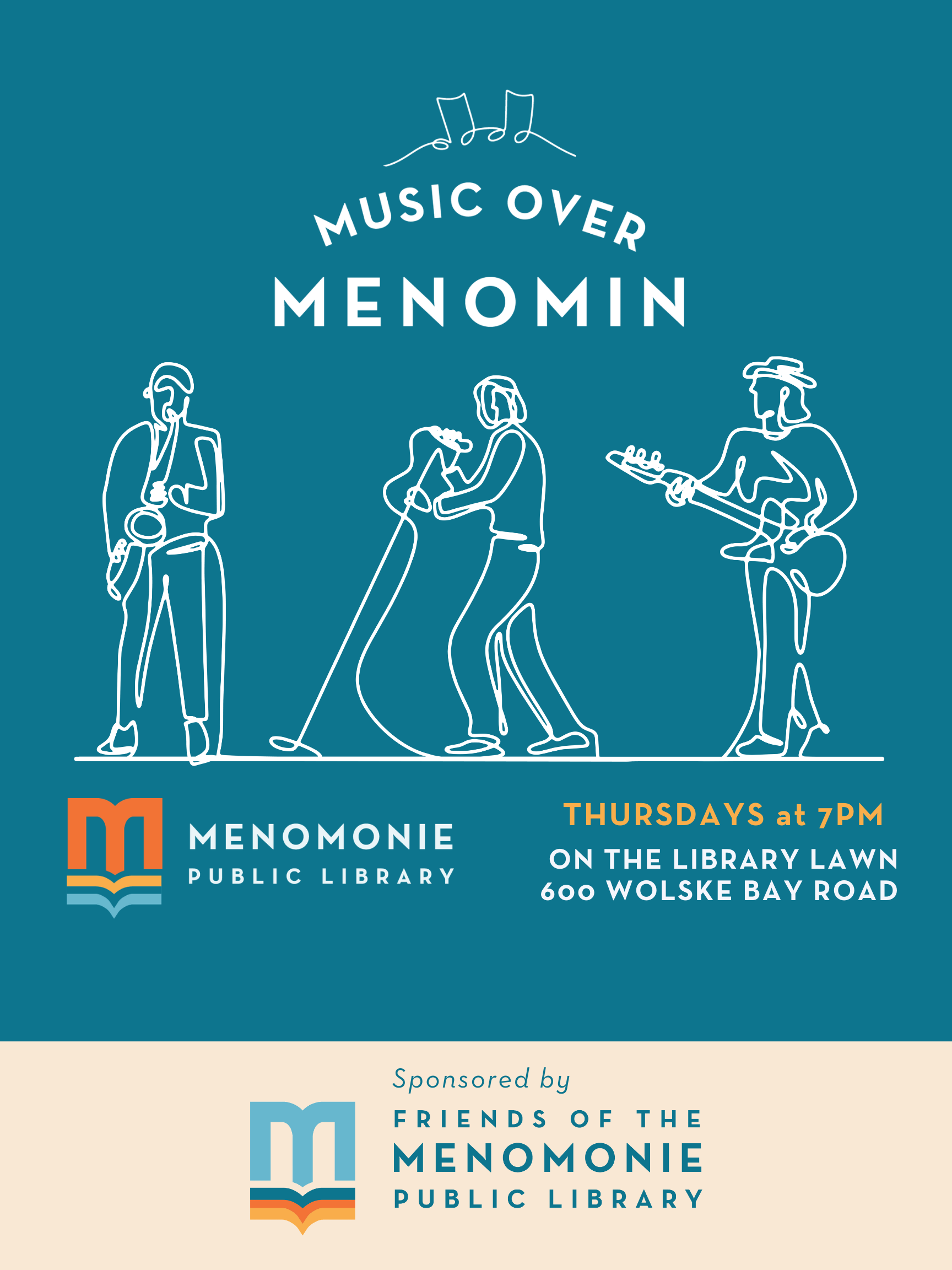Promotional poster for "Music Over Menomin" with line drawings of musicians and event details.