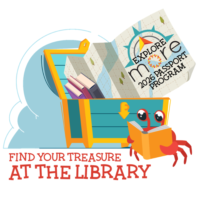 A treasure chest with books inside, a smiling crab holding a book, and themed text about a library program.